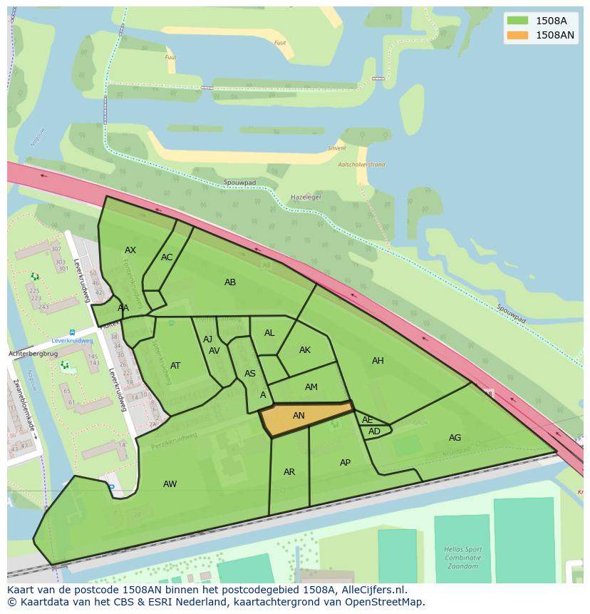 Afbeelding van het postcodegebied 1508 AN op de kaart.