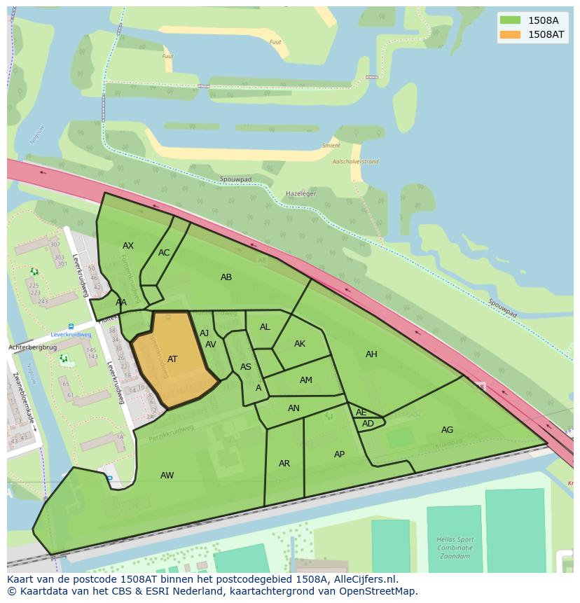 Afbeelding van het postcodegebied 1508 AT op de kaart.