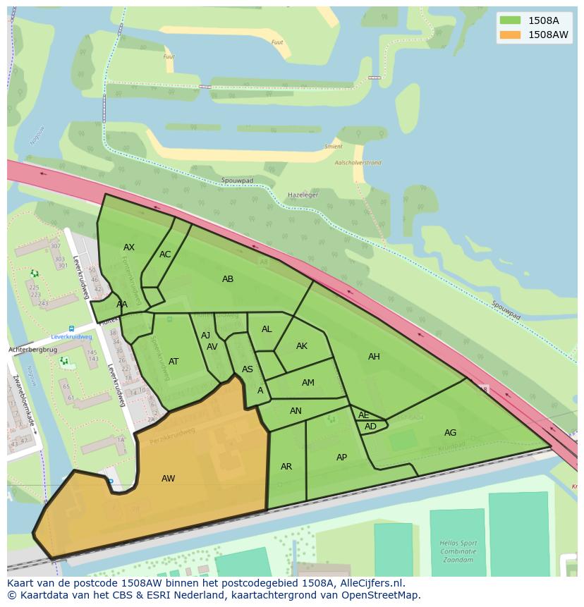 Afbeelding van het postcodegebied 1508 AW op de kaart.