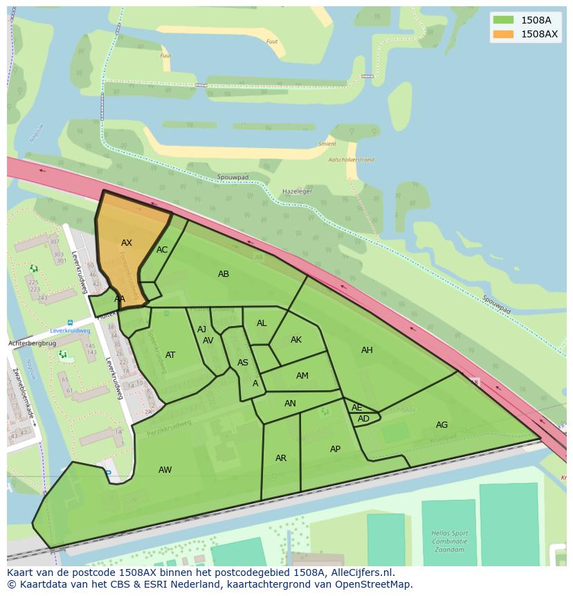 Afbeelding van het postcodegebied 1508 AX op de kaart.