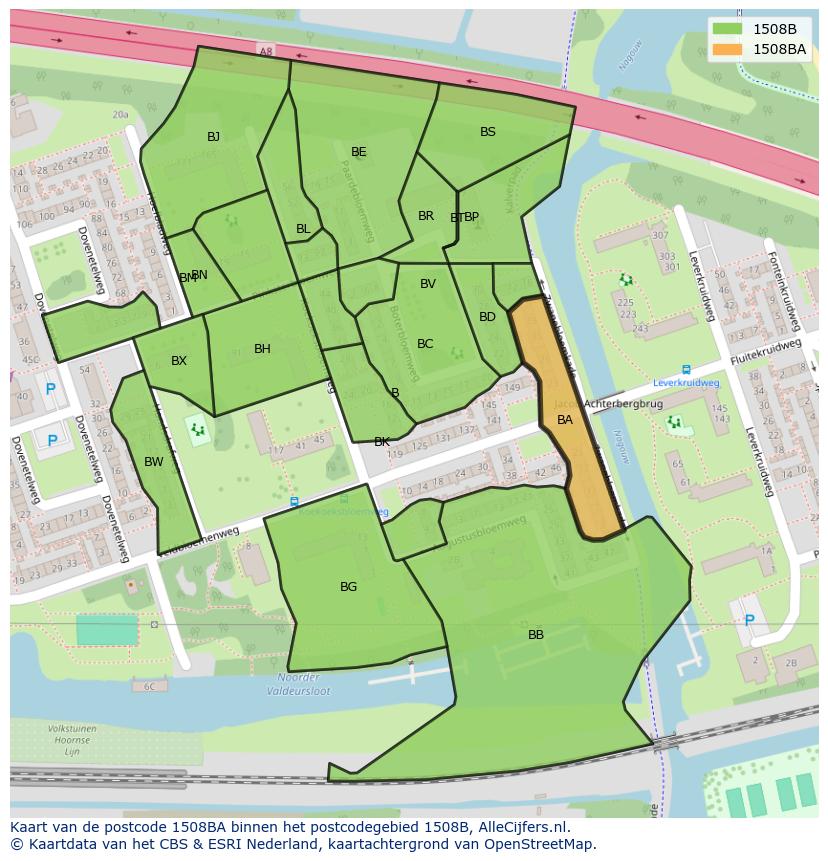 Afbeelding van het postcodegebied 1508 BA op de kaart.