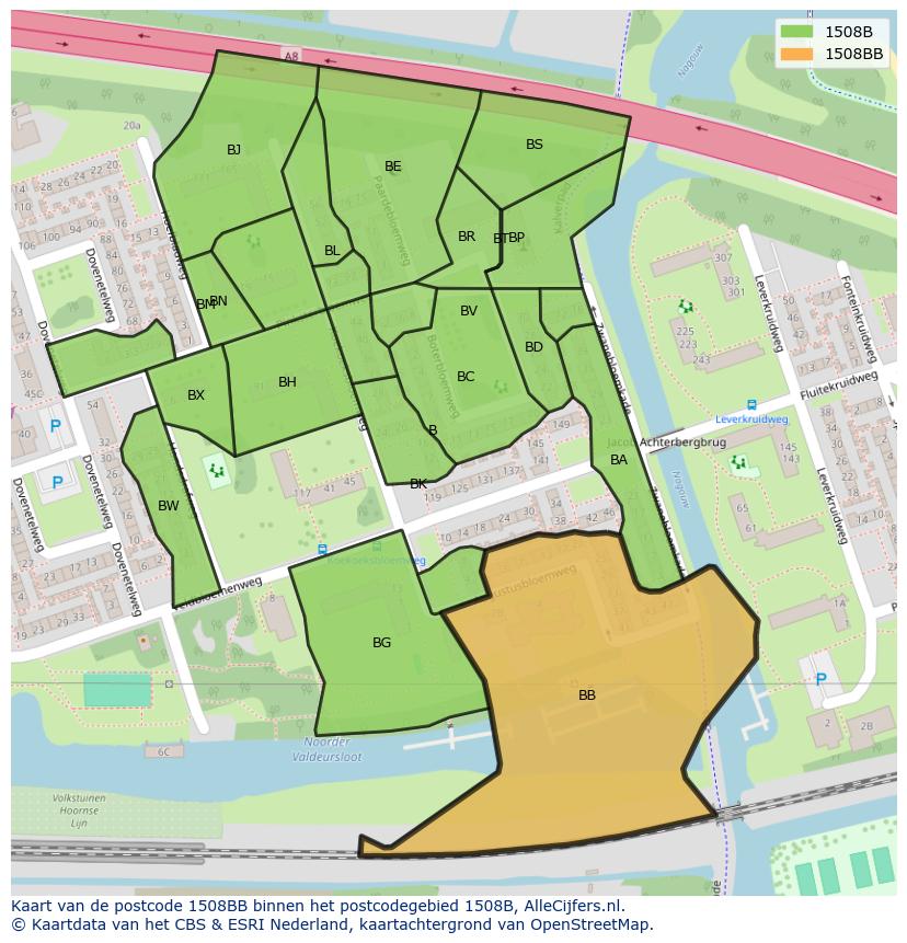 Afbeelding van het postcodegebied 1508 BB op de kaart.