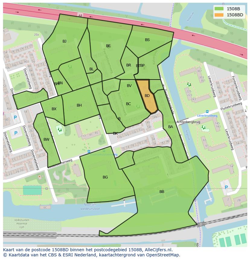 Afbeelding van het postcodegebied 1508 BD op de kaart.