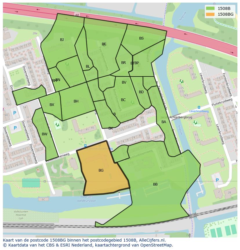 Afbeelding van het postcodegebied 1508 BG op de kaart.