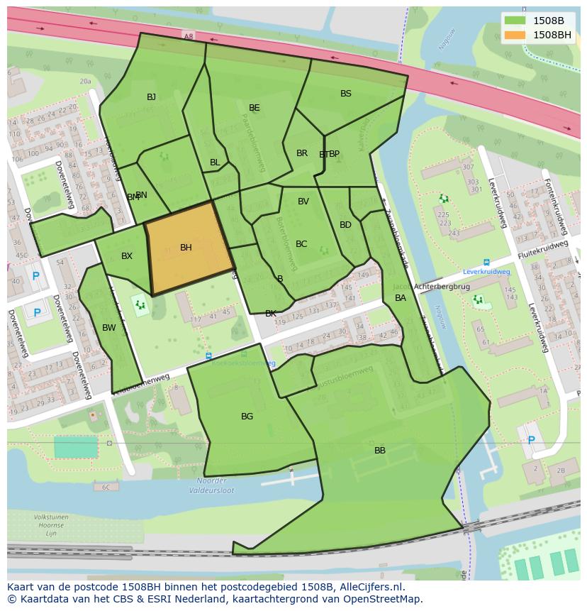Afbeelding van het postcodegebied 1508 BH op de kaart.