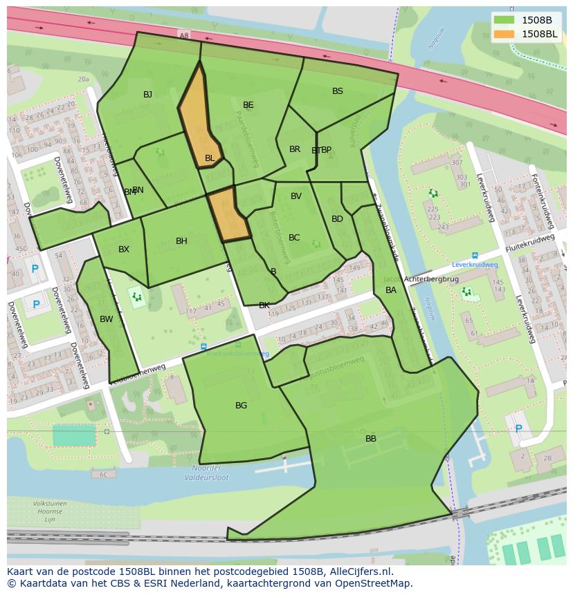 Afbeelding van het postcodegebied 1508 BL op de kaart.