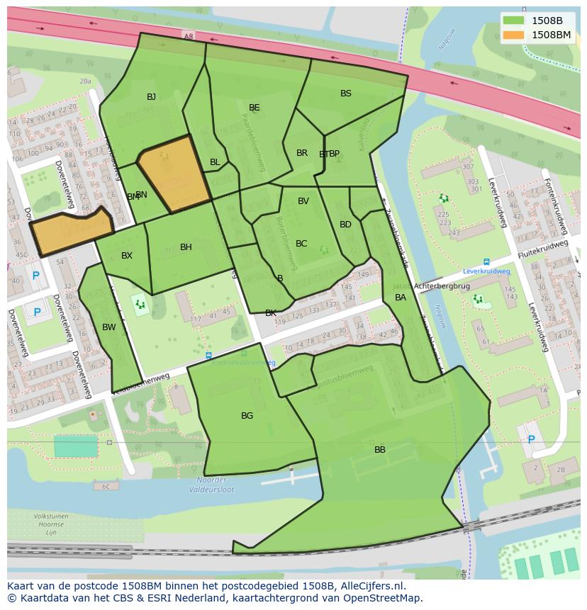 Afbeelding van het postcodegebied 1508 BM op de kaart.