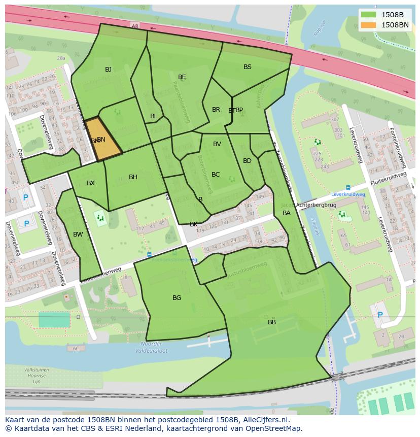 Afbeelding van het postcodegebied 1508 BN op de kaart.