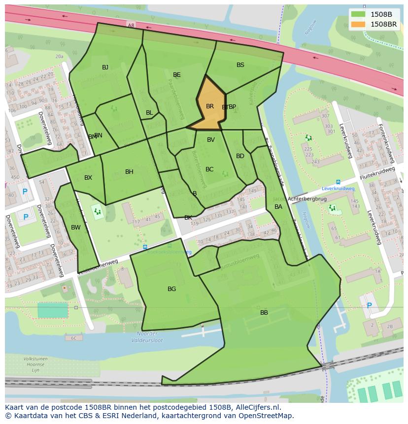 Afbeelding van het postcodegebied 1508 BR op de kaart.