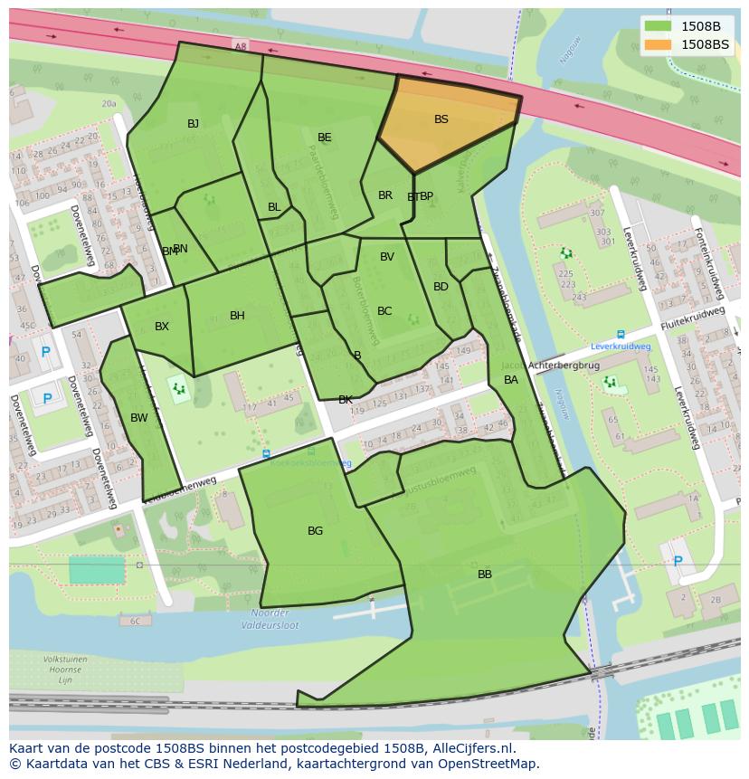 Afbeelding van het postcodegebied 1508 BS op de kaart.