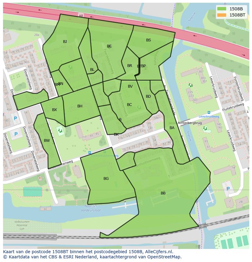 Afbeelding van het postcodegebied 1508 BT op de kaart.