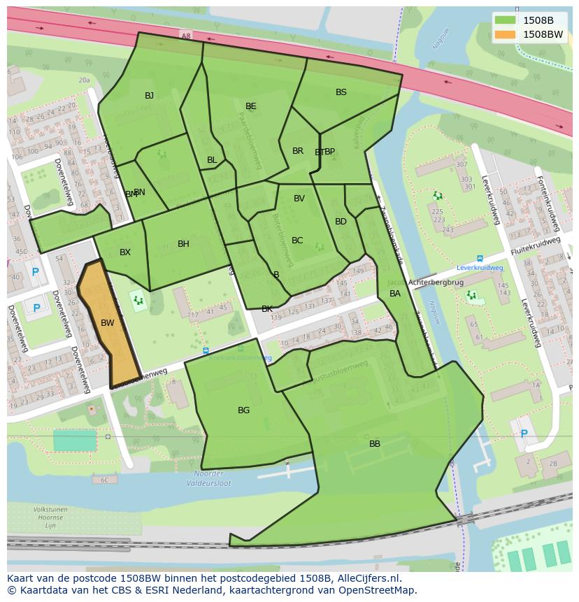 Afbeelding van het postcodegebied 1508 BW op de kaart.
