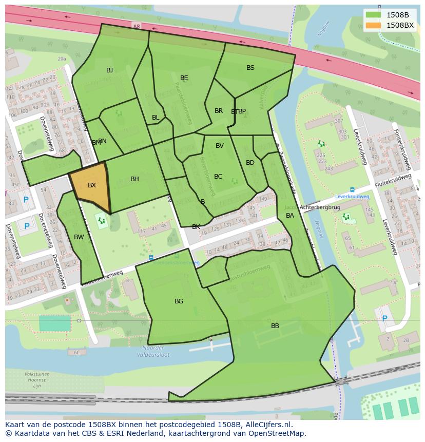 Afbeelding van het postcodegebied 1508 BX op de kaart.