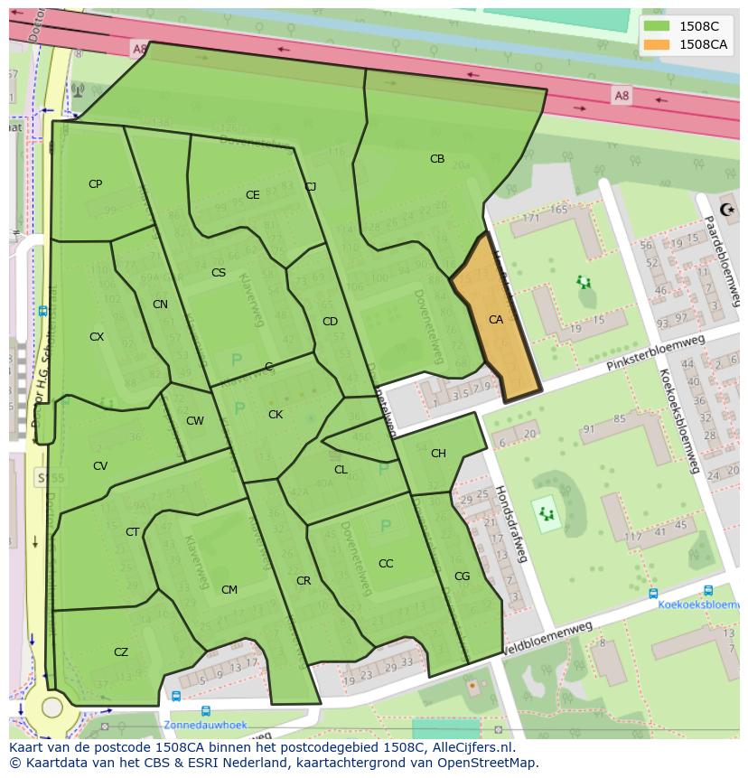 Afbeelding van het postcodegebied 1508 CA op de kaart.