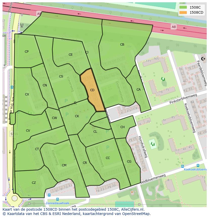 Afbeelding van het postcodegebied 1508 CD op de kaart.