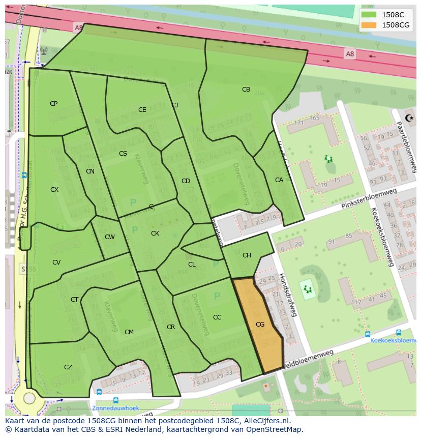 Afbeelding van het postcodegebied 1508 CG op de kaart.