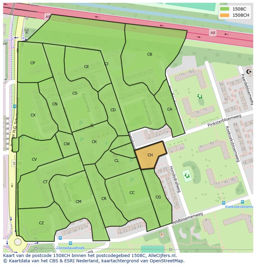 Afbeelding van het postcodegebied 1508 CH op de kaart.
