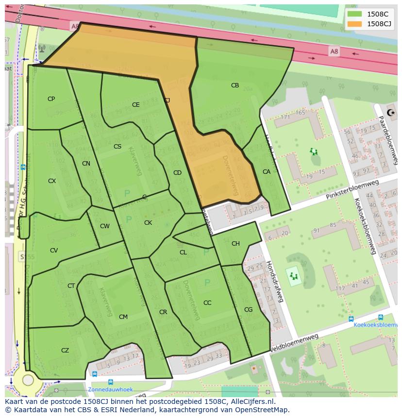 Afbeelding van het postcodegebied 1508 CJ op de kaart.