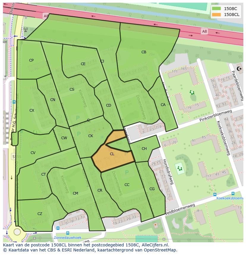 Afbeelding van het postcodegebied 1508 CL op de kaart.