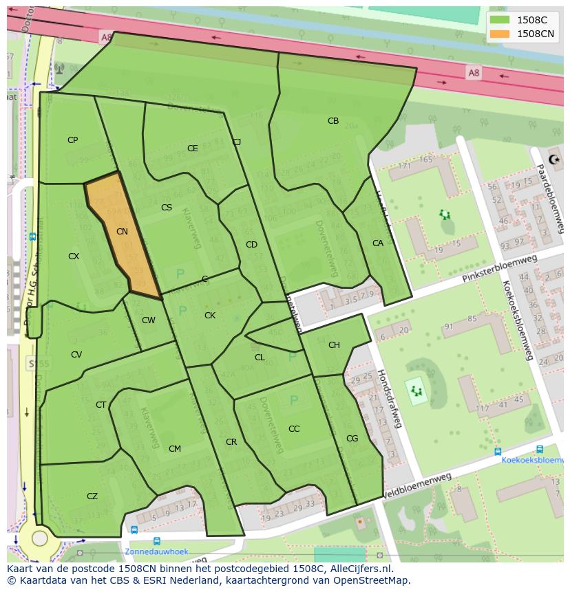 Afbeelding van het postcodegebied 1508 CN op de kaart.