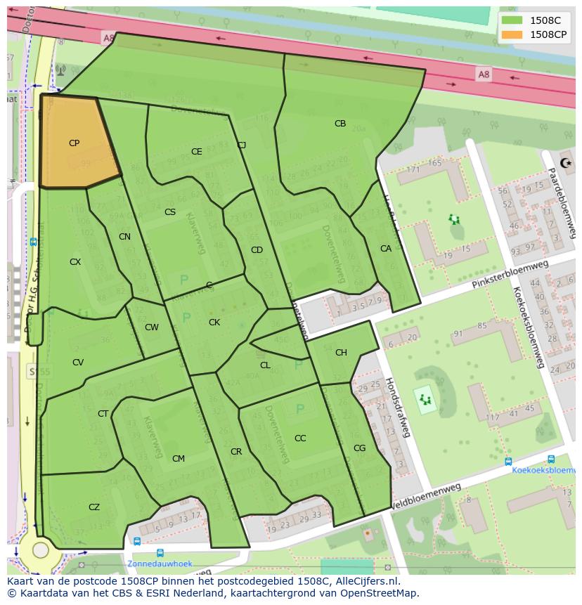 Afbeelding van het postcodegebied 1508 CP op de kaart.