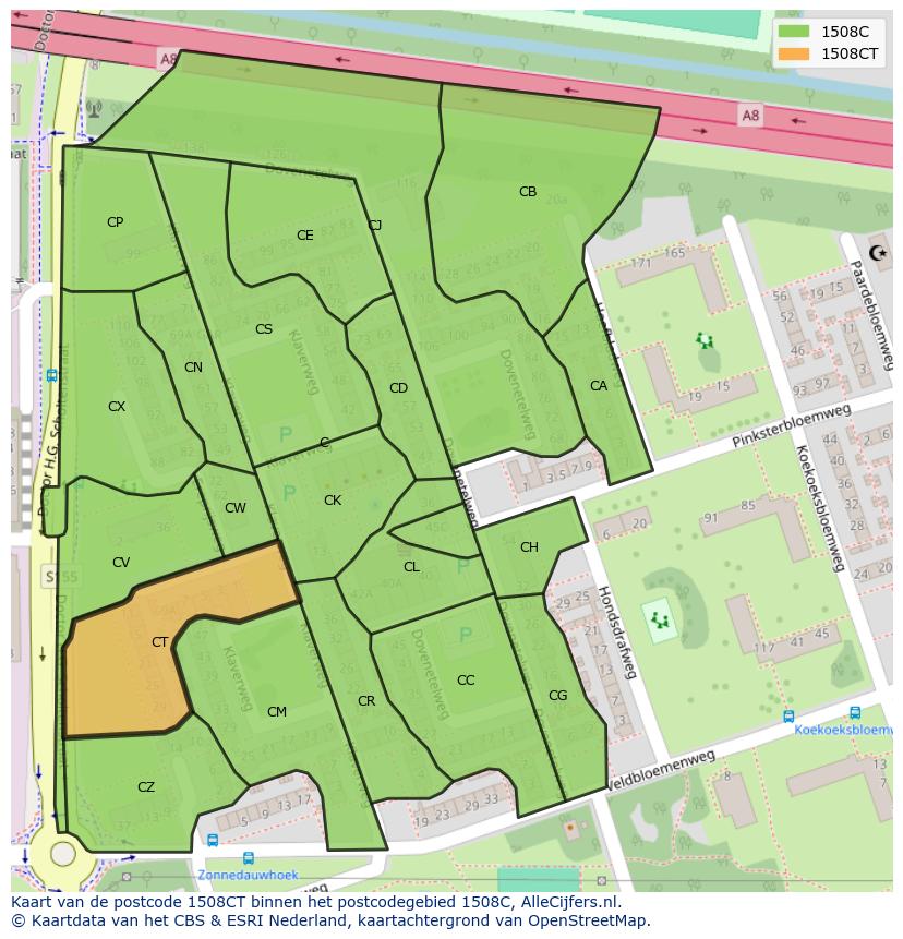 Afbeelding van het postcodegebied 1508 CT op de kaart.