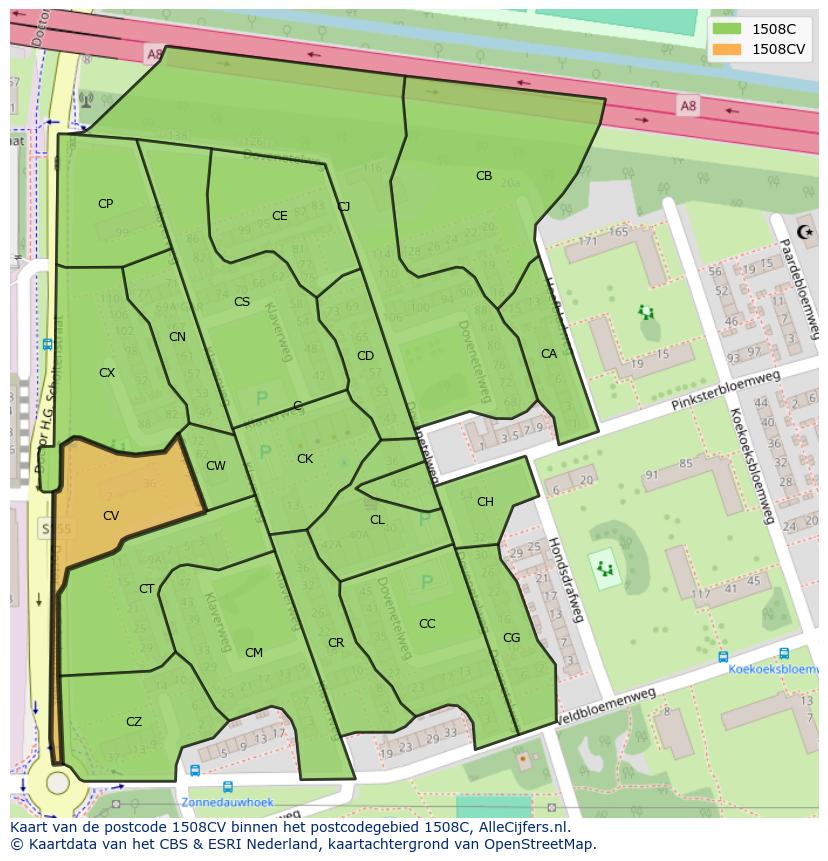 Afbeelding van het postcodegebied 1508 CV op de kaart.