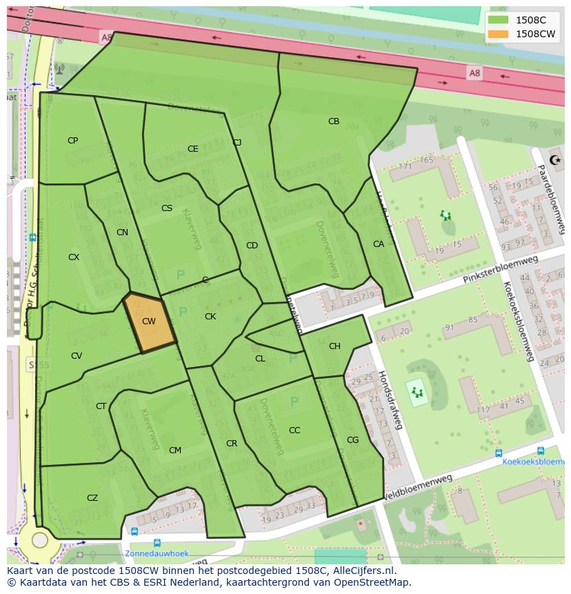 Afbeelding van het postcodegebied 1508 CW op de kaart.