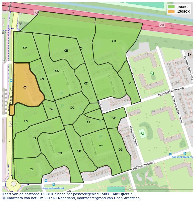 Afbeelding van het postcodegebied 1508 CX op de kaart.