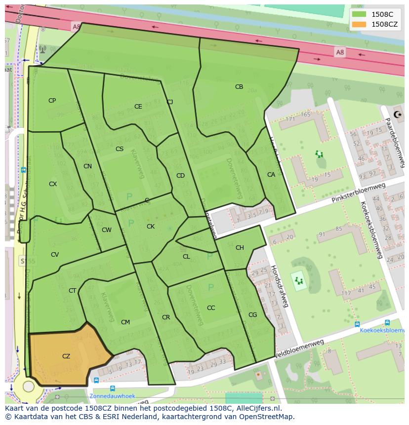 Afbeelding van het postcodegebied 1508 CZ op de kaart.