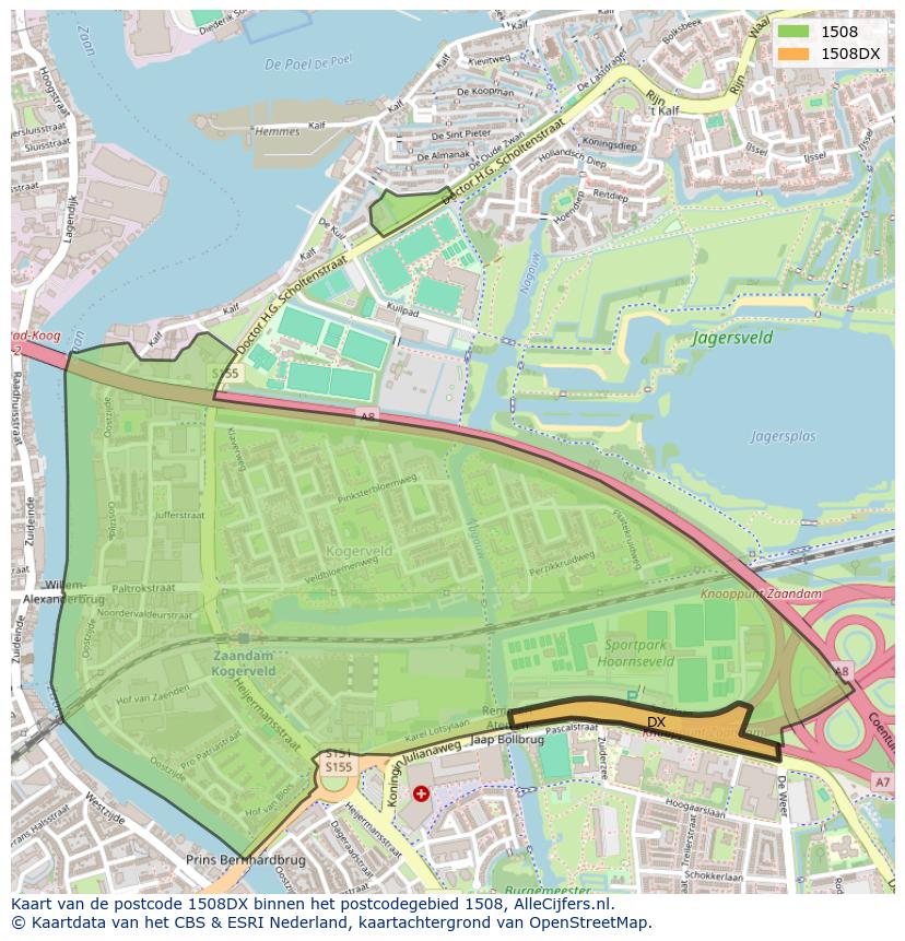 Afbeelding van het postcodegebied 1508 DX op de kaart.