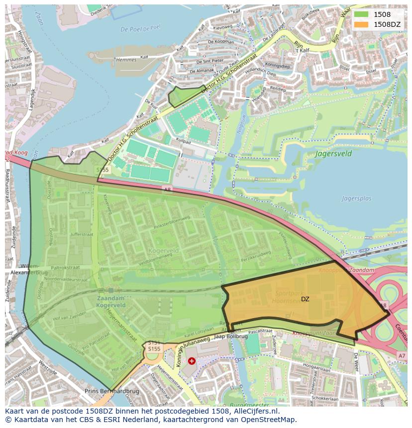 Afbeelding van het postcodegebied 1508 DZ op de kaart.