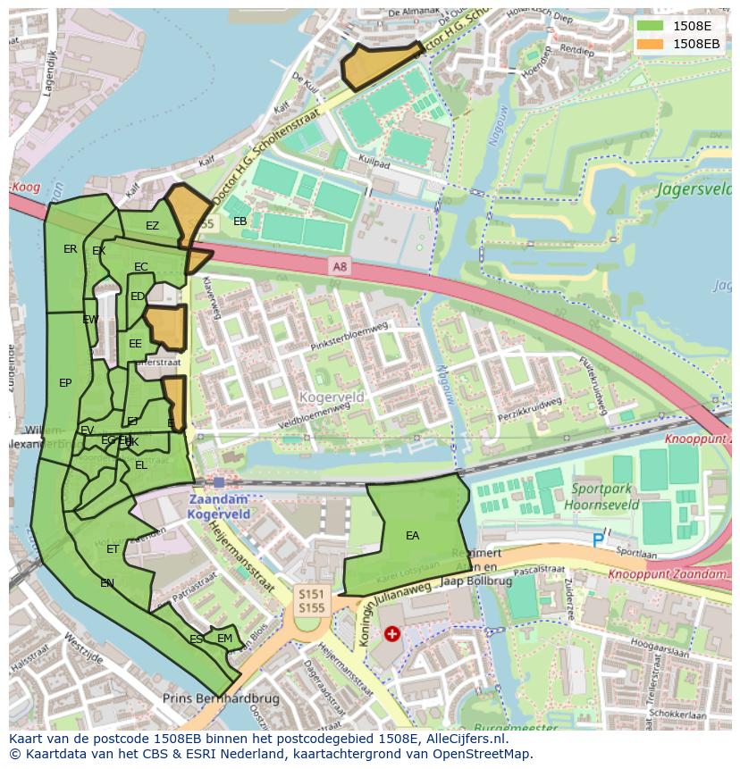 Afbeelding van het postcodegebied 1508 EB op de kaart.