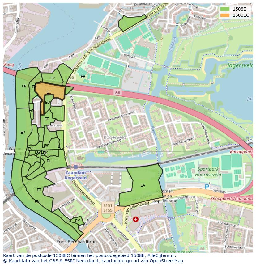 Afbeelding van het postcodegebied 1508 EC op de kaart.