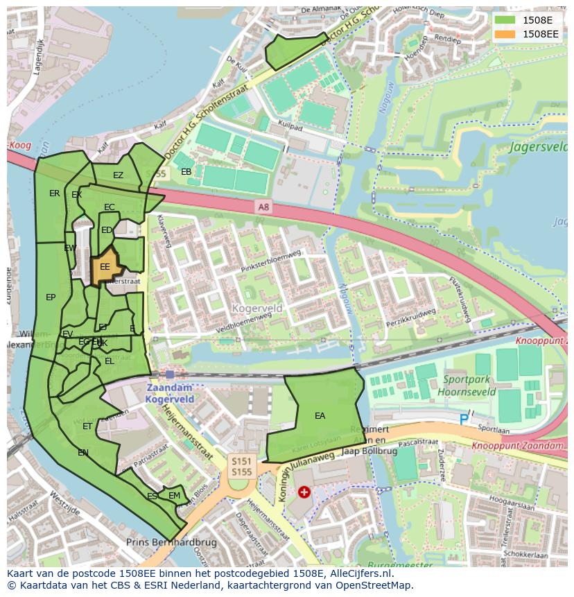Afbeelding van het postcodegebied 1508 EE op de kaart.