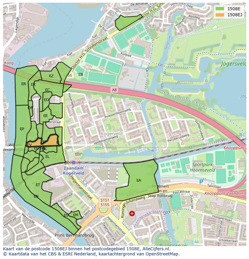 Afbeelding van het postcodegebied 1508 EJ op de kaart.