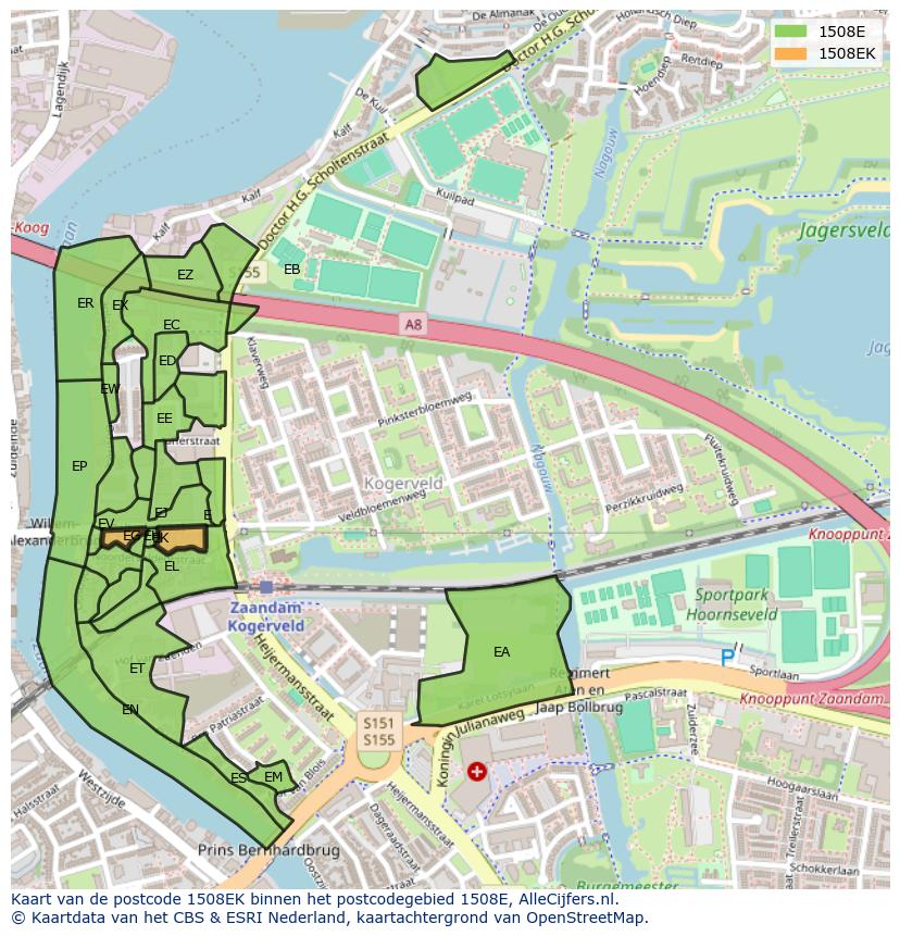 Afbeelding van het postcodegebied 1508 EK op de kaart.