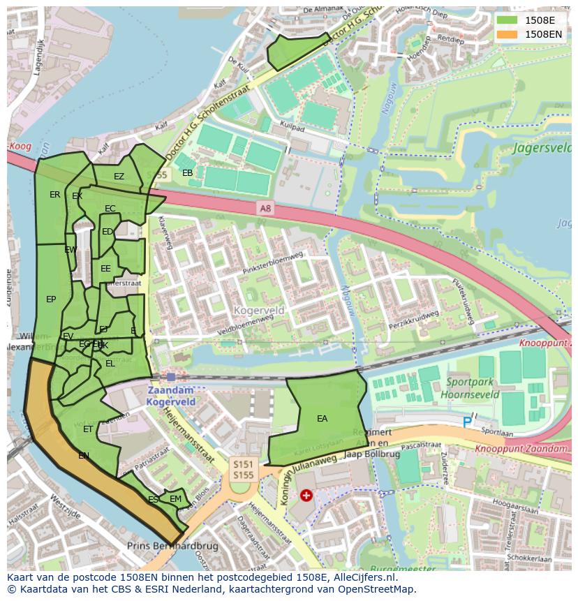 Afbeelding van het postcodegebied 1508 EN op de kaart.