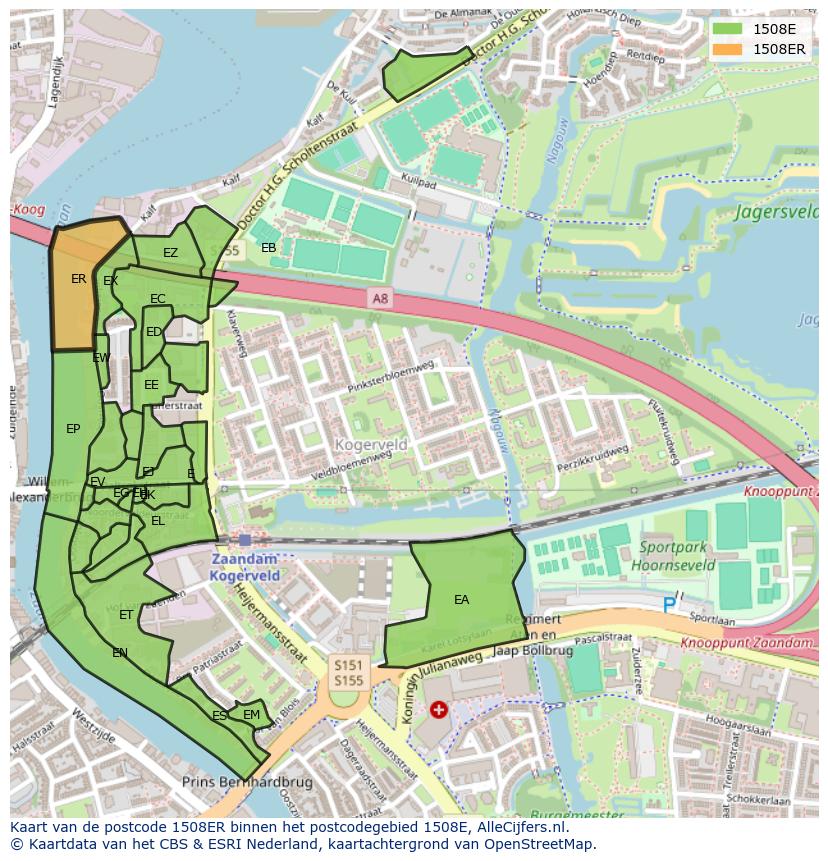 Afbeelding van het postcodegebied 1508 ER op de kaart.