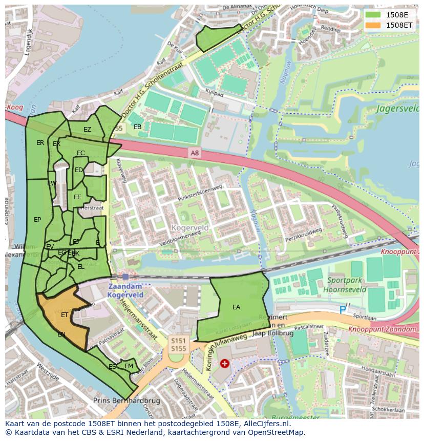 Afbeelding van het postcodegebied 1508 ET op de kaart.