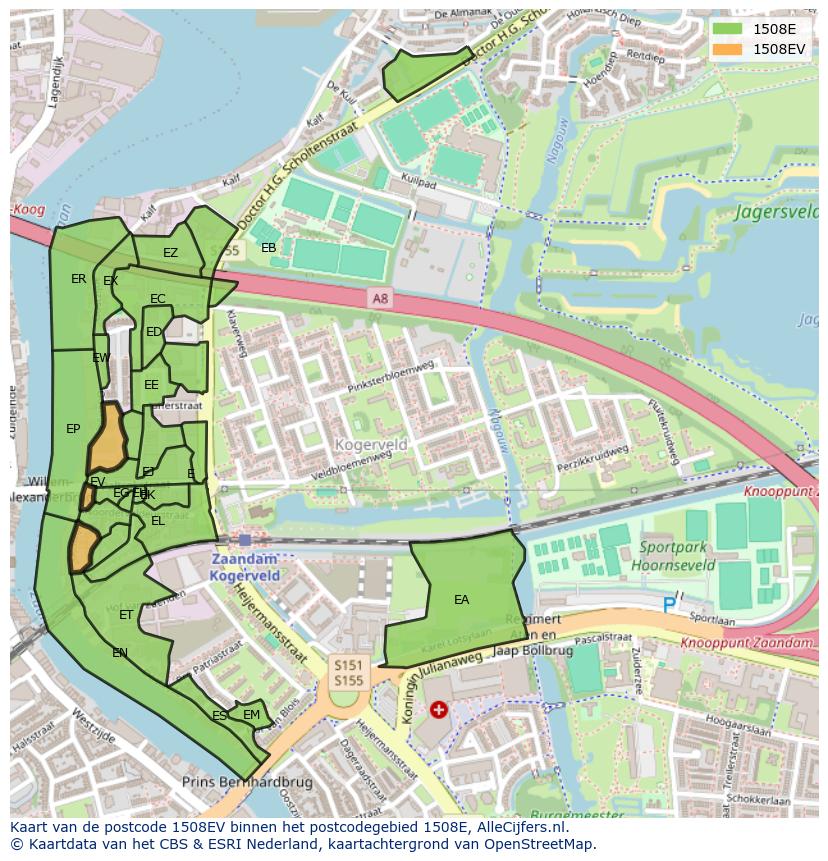 Afbeelding van het postcodegebied 1508 EV op de kaart.