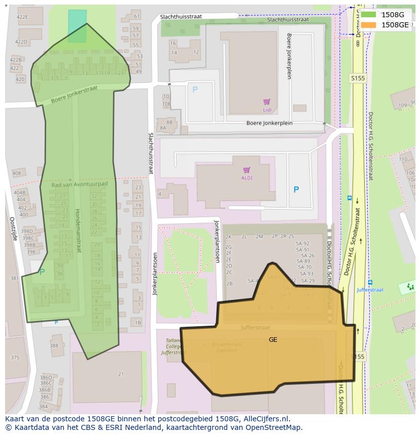 Afbeelding van het postcodegebied 1508 GE op de kaart.