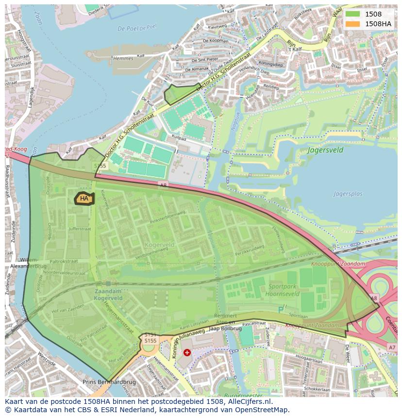 Afbeelding van het postcodegebied 1508 HA op de kaart.