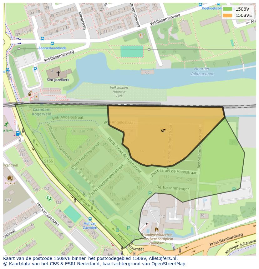 Afbeelding van het postcodegebied 1508 VE op de kaart.