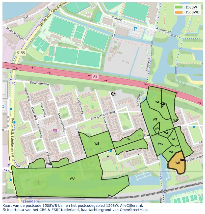 Afbeelding van het postcodegebied 1508 WB op de kaart.