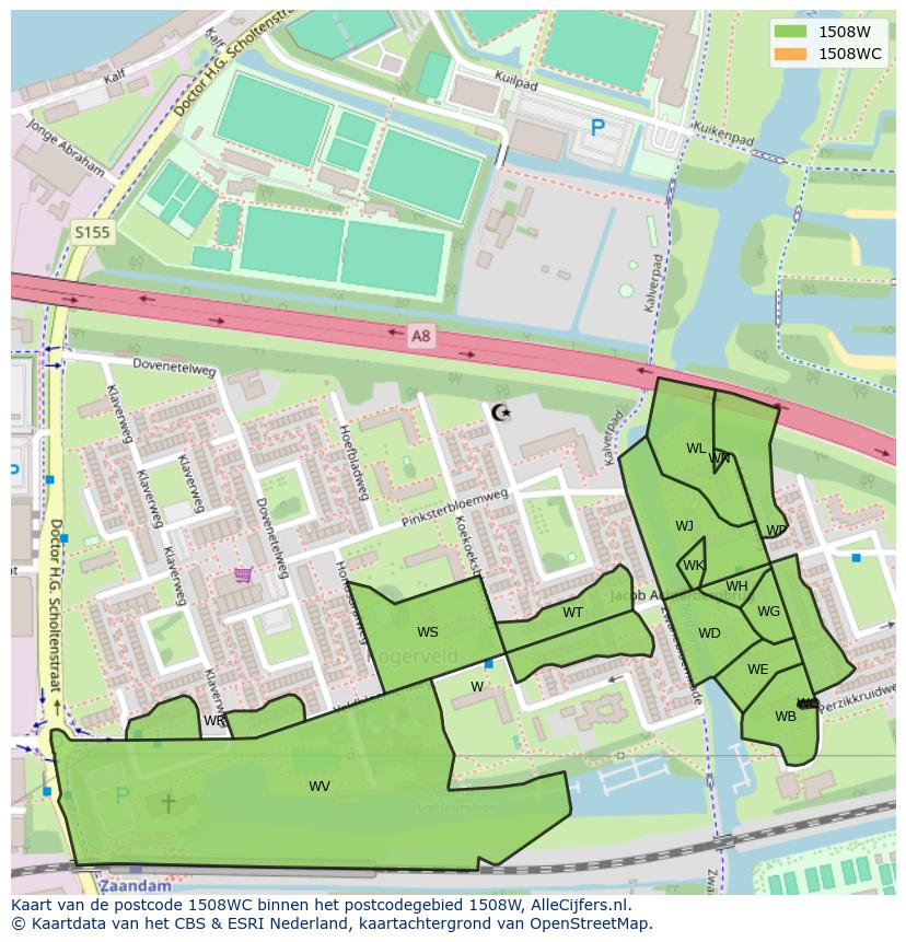 Afbeelding van het postcodegebied 1508 WC op de kaart.