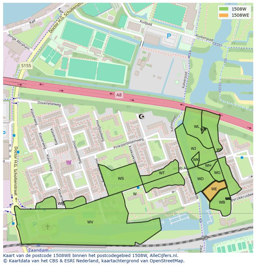 Afbeelding van het postcodegebied 1508 WE op de kaart.