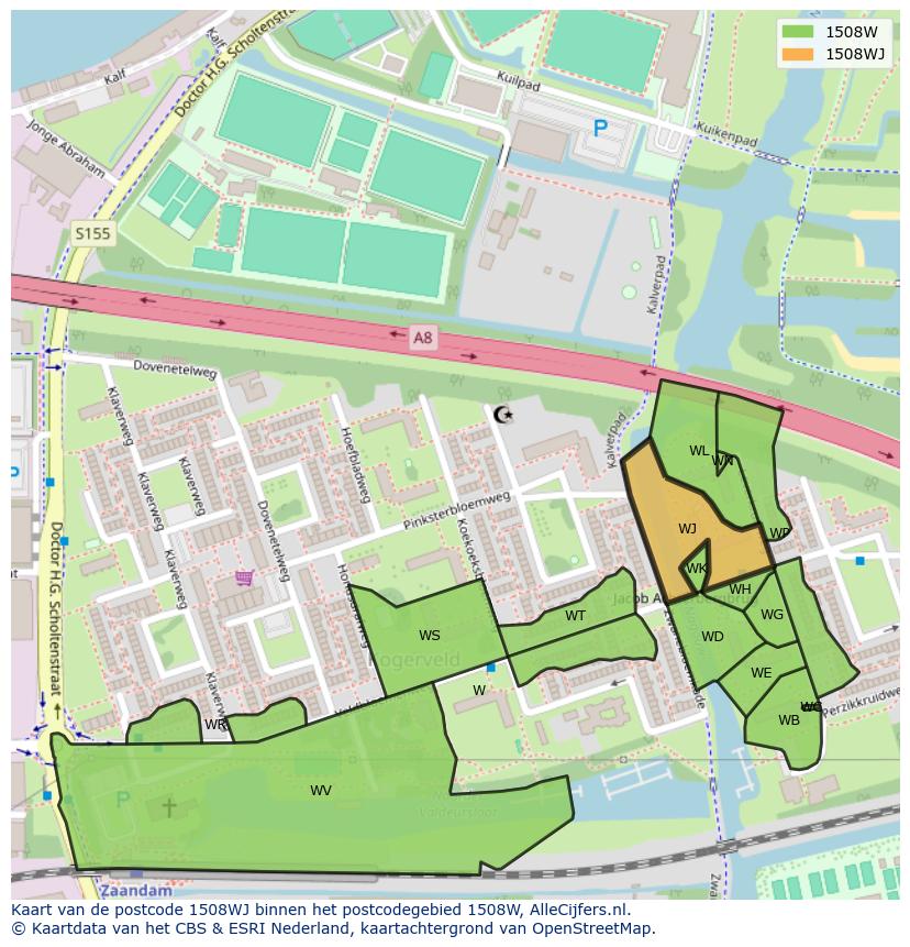 Afbeelding van het postcodegebied 1508 WJ op de kaart.