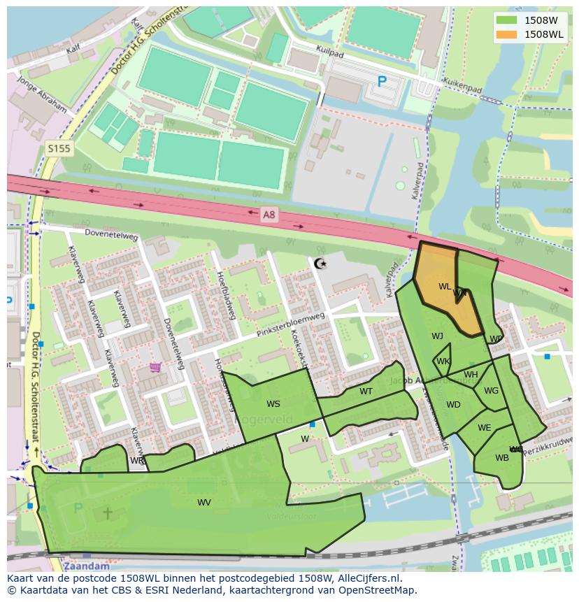 Afbeelding van het postcodegebied 1508 WL op de kaart.