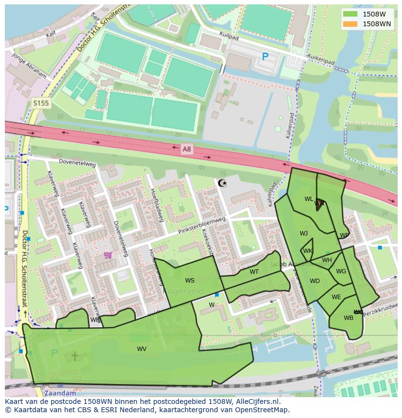 Afbeelding van het postcodegebied 1508 WN op de kaart.